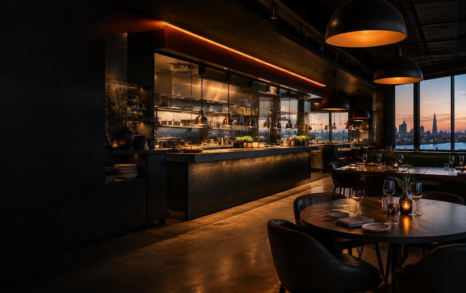 Contemporary restaurant kitchen and dining room